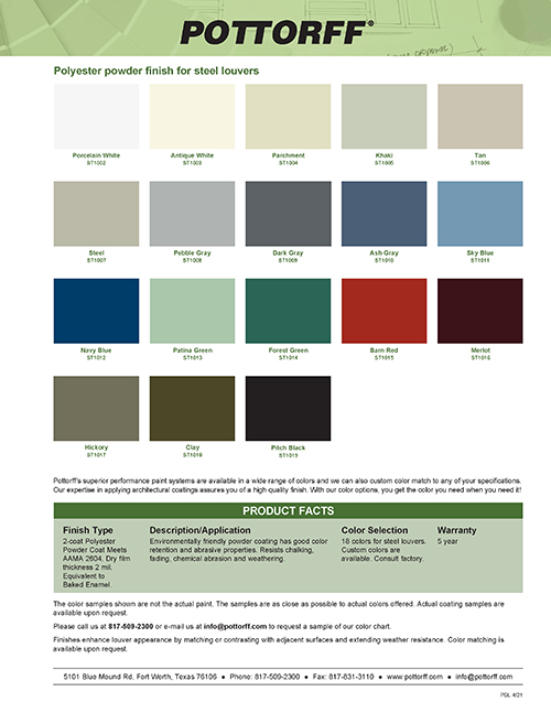 Pottorff’s standard color line for our  steel louvers